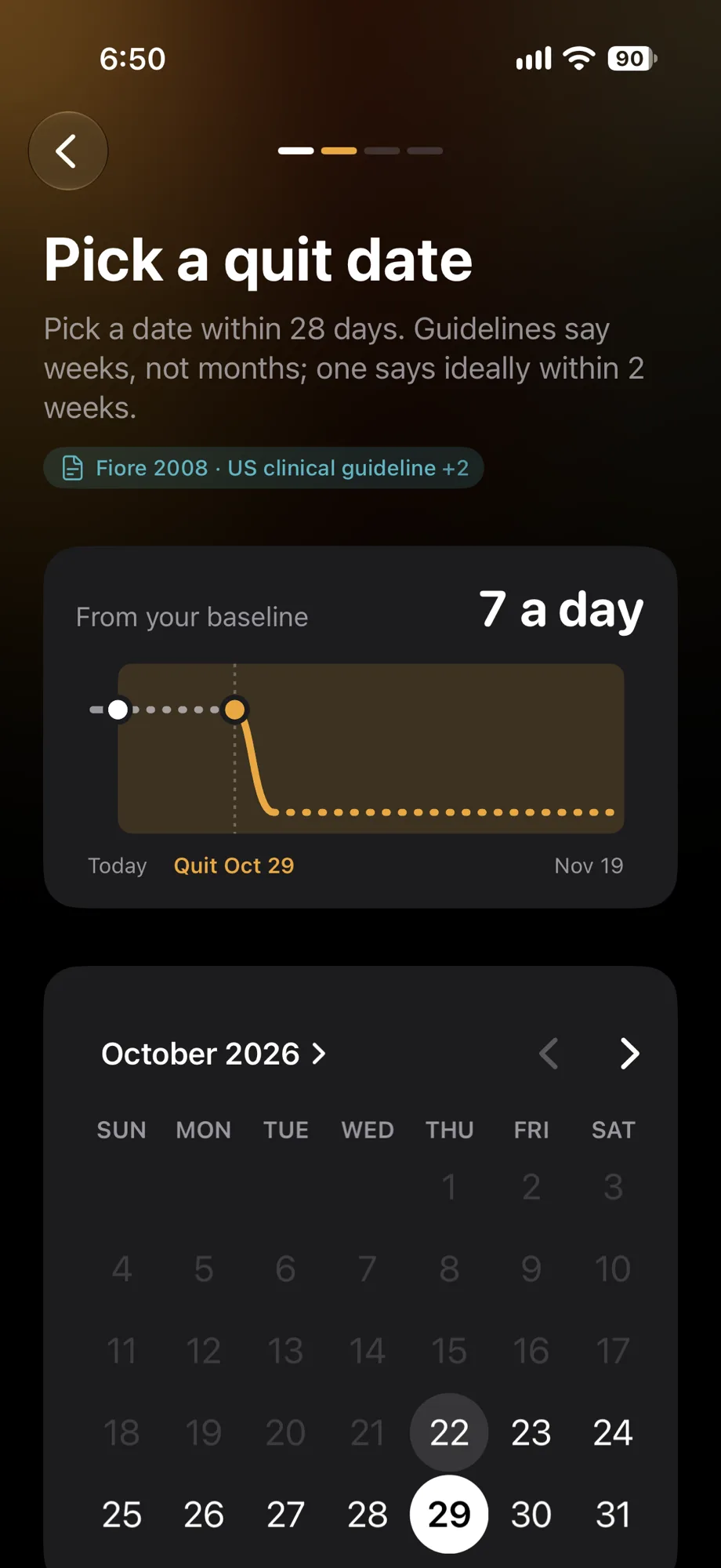 Pick a quit date within 28 days, with the baseline average and the source chip