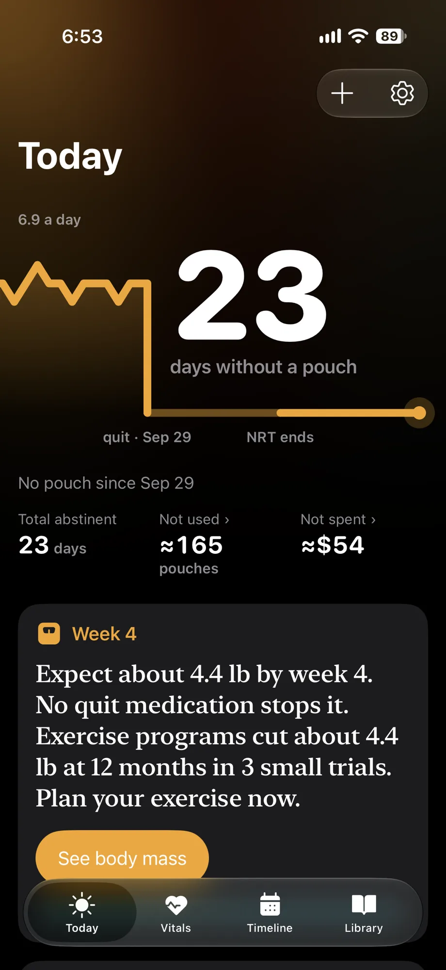 Abrupt Today: the pouch trace drops at the quit date, 23 days without a pouch, totals, one hard truth